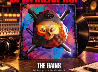 Colorful artwork accompanying Tali Rodriguez and CLOAQxDAGGER’s “The Gains,” featuring Money Mogly, with a skull in yellow glasses, a CLOAQxDAGGER cap and crossed blades.