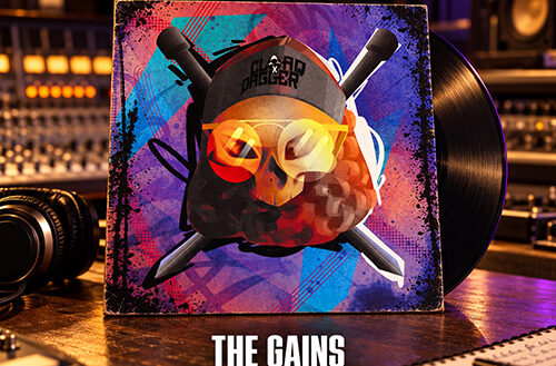 Colorful artwork accompanying Tali Rodriguez and CLOAQxDAGGER’s “The Gains,” featuring Money Mogly, with a skull in yellow glasses, a CLOAQxDAGGER cap and crossed blades.