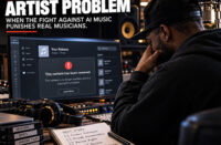 Independent Hip-Hop producer reviews a music takedown notice in a dimly lit recording studio for SpitFireHipHop's Corporate Corner feature on AI music enforcement.