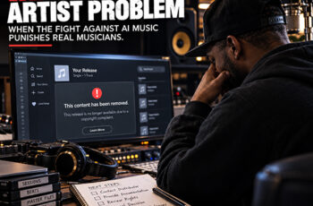 Independent Hip-Hop producer reviews a music takedown notice in a dimly lit recording studio for SpitFireHipHop's Corporate Corner feature on AI music enforcement.