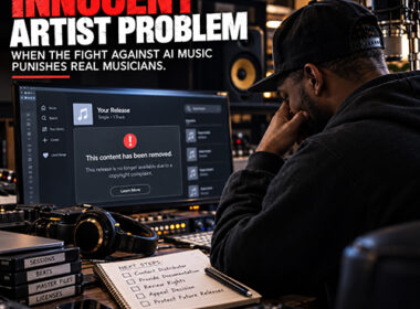 Independent Hip-Hop producer reviews a music takedown notice in a dimly lit recording studio for SpitFireHipHop's Corporate Corner feature on AI music enforcement.