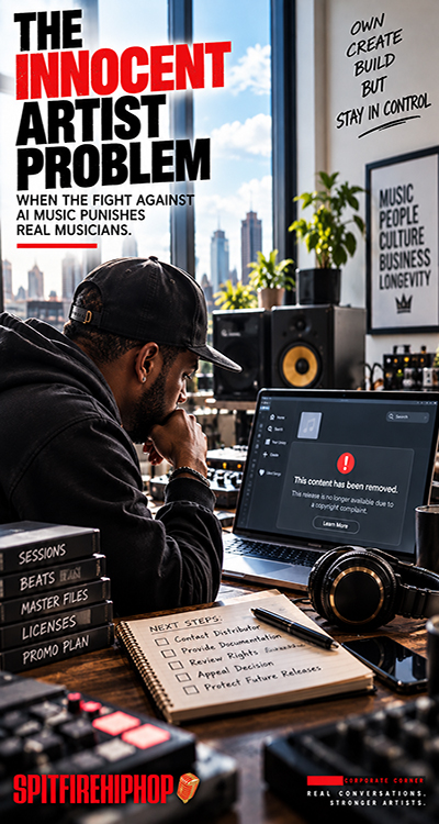 Independent musician works in a daylight recording studio for an editorial feature examining wrongful music removals and artist rights.