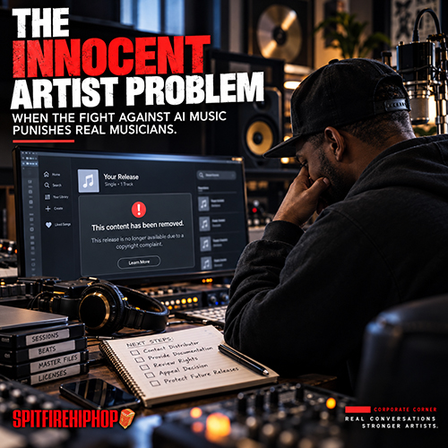 Independent Hip-Hop producer reviews a music takedown notice in a dimly lit recording studio for SpitFireHipHop's Corporate Corner feature on AI music enforcement.