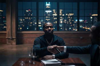 Independent Hip-Hop label executive reviews music distribution infrastructure and business reports in a dark professional studio for SpitFireHipHop's Corporate Corner feature, The New Middleman.