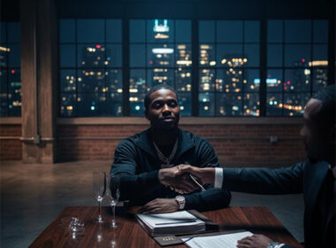 Independent Hip-Hop label executive reviews music distribution infrastructure and business reports in a dark professional studio for SpitFireHipHop's Corporate Corner feature, The New Middleman.