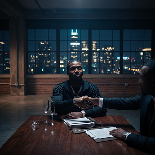 Independent Hip-Hop label executive reviews music distribution infrastructure and business reports in a dark professional studio for SpitFireHipHop's Corporate Corner feature, The New Middleman.