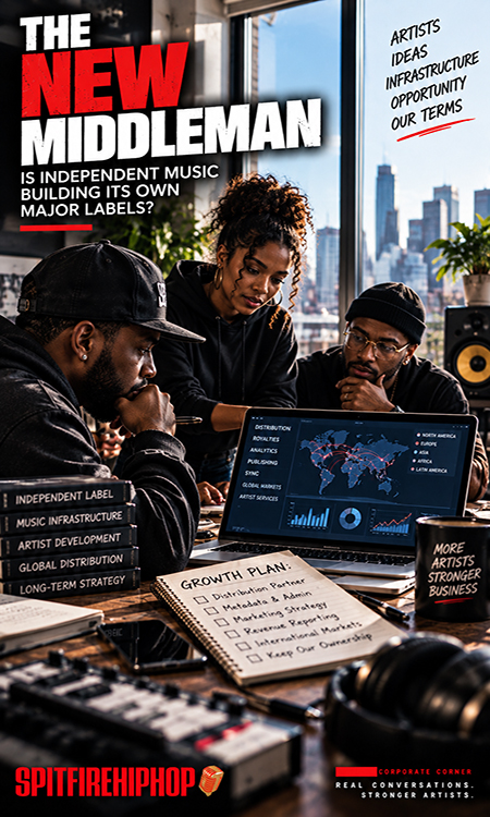 Three Black music entrepreneurs collaborate in a bright recording studio, reviewing global music distribution and analytics on a laptop for SpitFireHipHop’s Corporate Corner feature, “The New Middleman.”